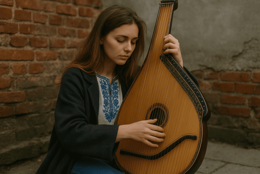 A Ukrainian woman in traditional dress sits outdoors playing a bandura, with soft natural light illuminating the wooden instrument and embroidery details. 10 Ukrainian Symbols