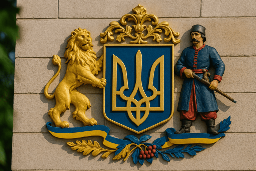 Ukraine’s national coat of arms featuring the Tryzub, a golden lion, and a Cossack with a musket mounted on a stone wall. 10 Ukrainian Symbols