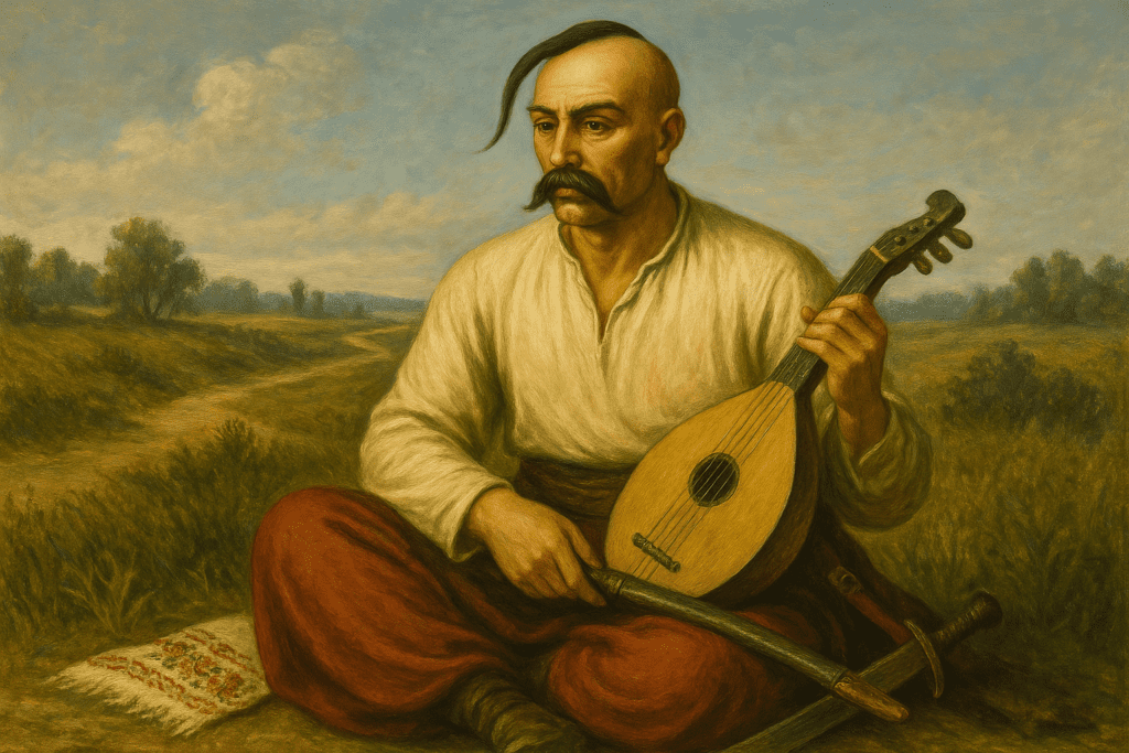 Traditional painting of Cossack Mamay seated on a grassy field playing a kobza, with a saber by his side and a calm sky behind him. 10 Ukrainian Symbols
