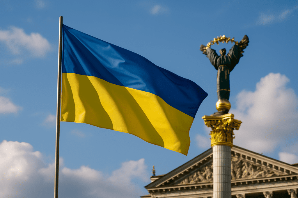 The Ukrainian national flag waves in front of the Independence Monument in Kyiv under a blue sky. 10 Ukrainian Symbols