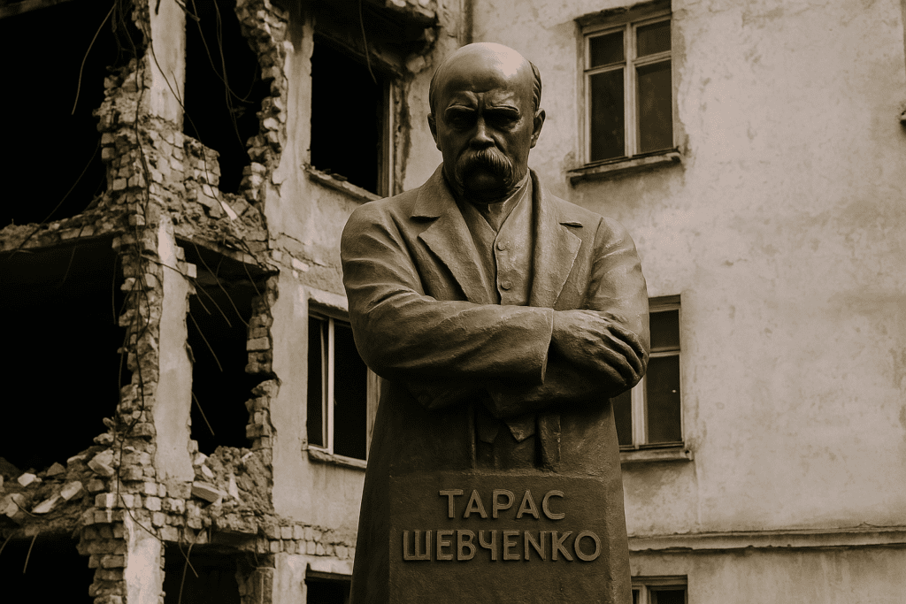 A bronze statue of Taras Shevchenko stands firm against a partly cloudy sky, draped in a traditional coat with solemn expression, symbolizing Ukrainian cultural pride. 10 Ukrainian Symbols