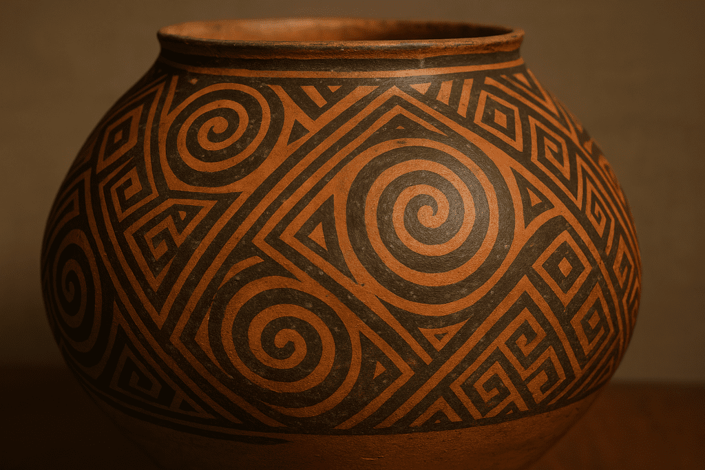 Close-up of an ancient Trypillian clay vessel decorated with black spiral and geometric patterns on reddish terracotta. 10 Ukrainian Symbols