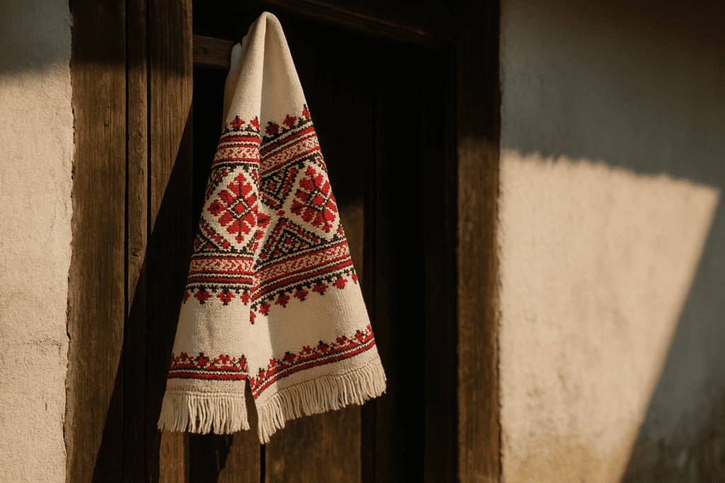 A traditional Ukrainian embroidered rushnyk with red and black patterns hangs over a rustic wooden doorframe in warm sunlight.