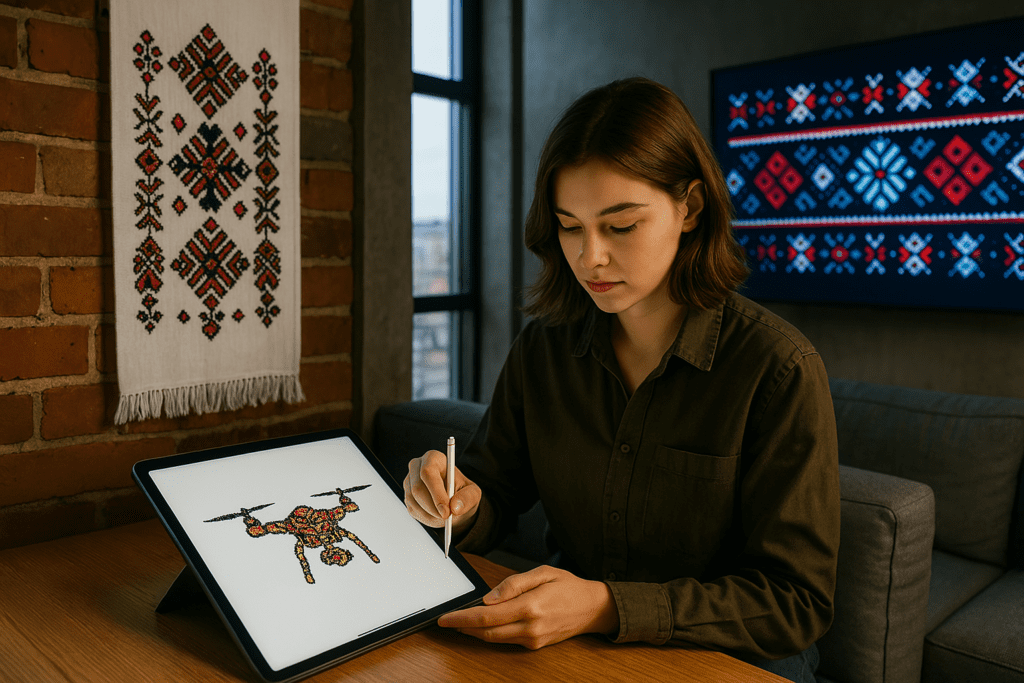Ukrainian designer in Kyiv digitally remixes embroidery with modern tech in a vibrant creative space.