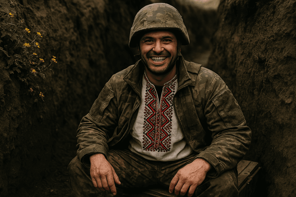 Ukrainian soldier reveals a vyshyvanka under his gear, seated near blooming flowers at a trench’s edge.