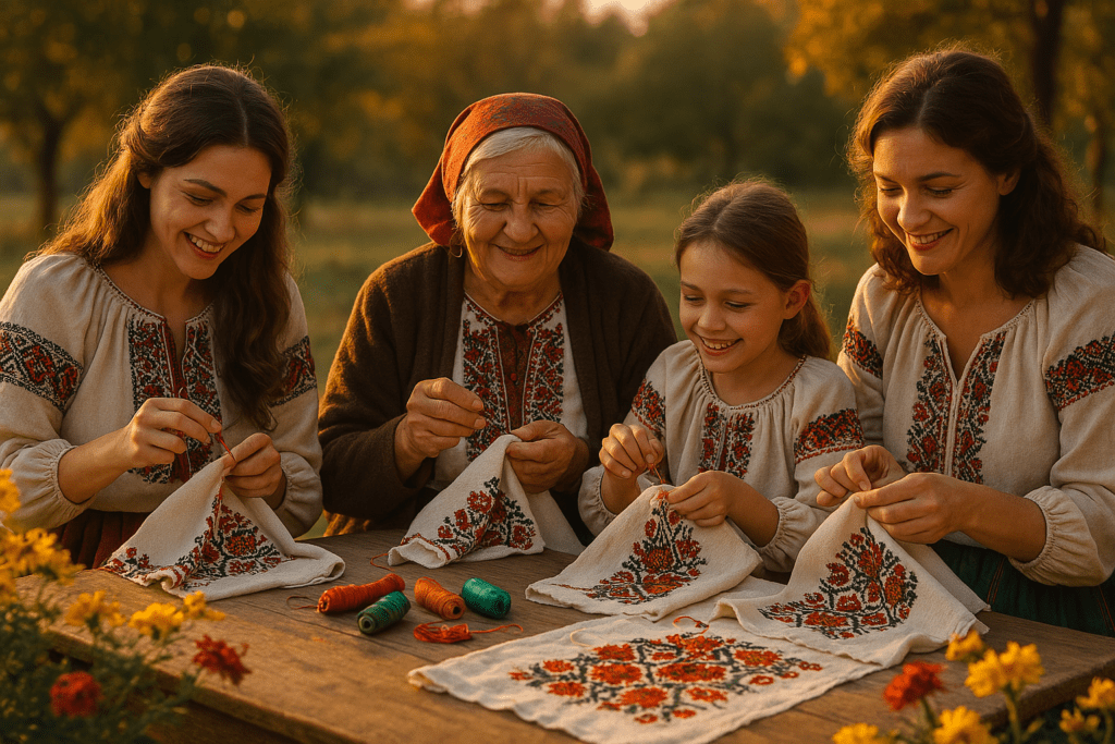 Women across generations embroider vyshyvankas outdoors, surrounded by flowers and family tradition.
