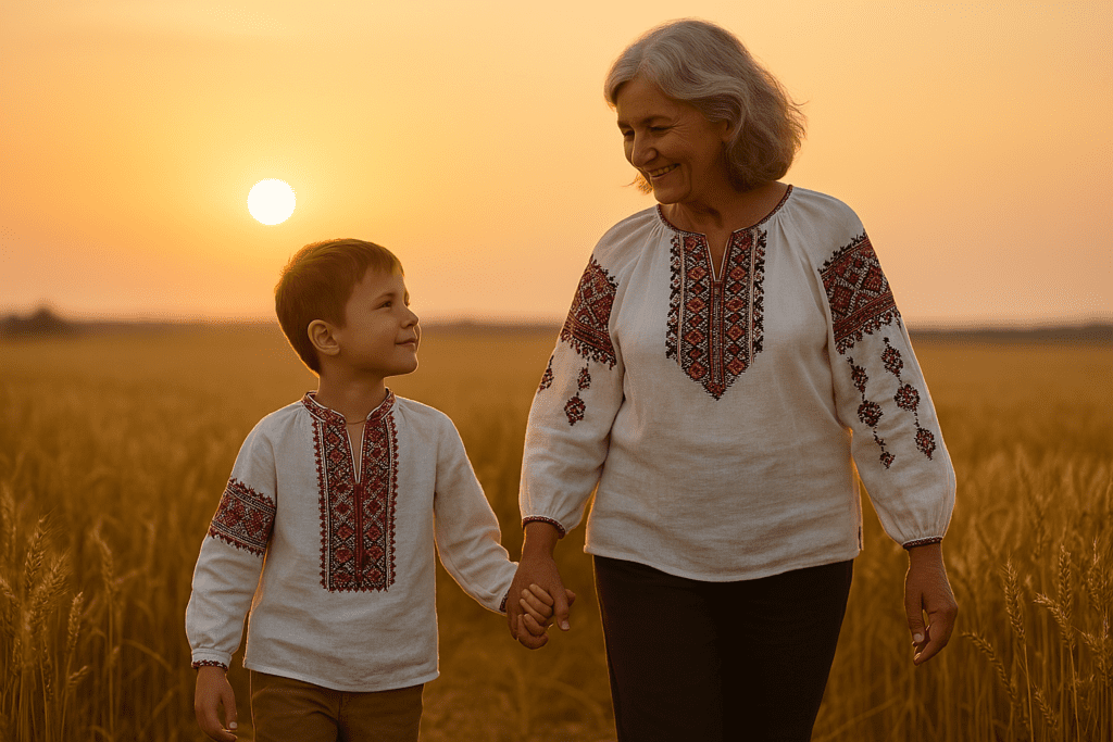 Grandmother and boy walk in a wheat field wearing vyshyvankas, framed by warm sunset light.