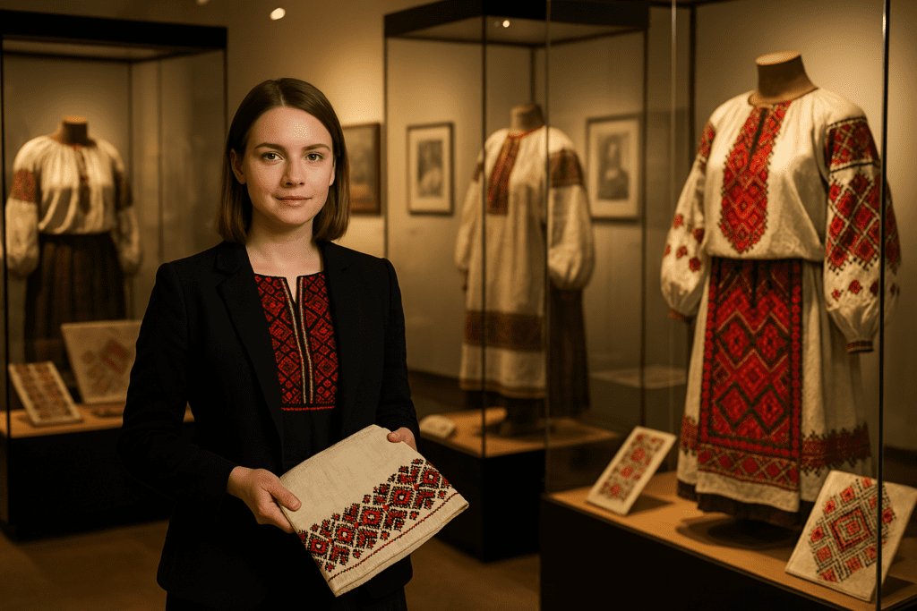 Ukrainian curator displays embroidered garments in a cultural preservation exhibit.