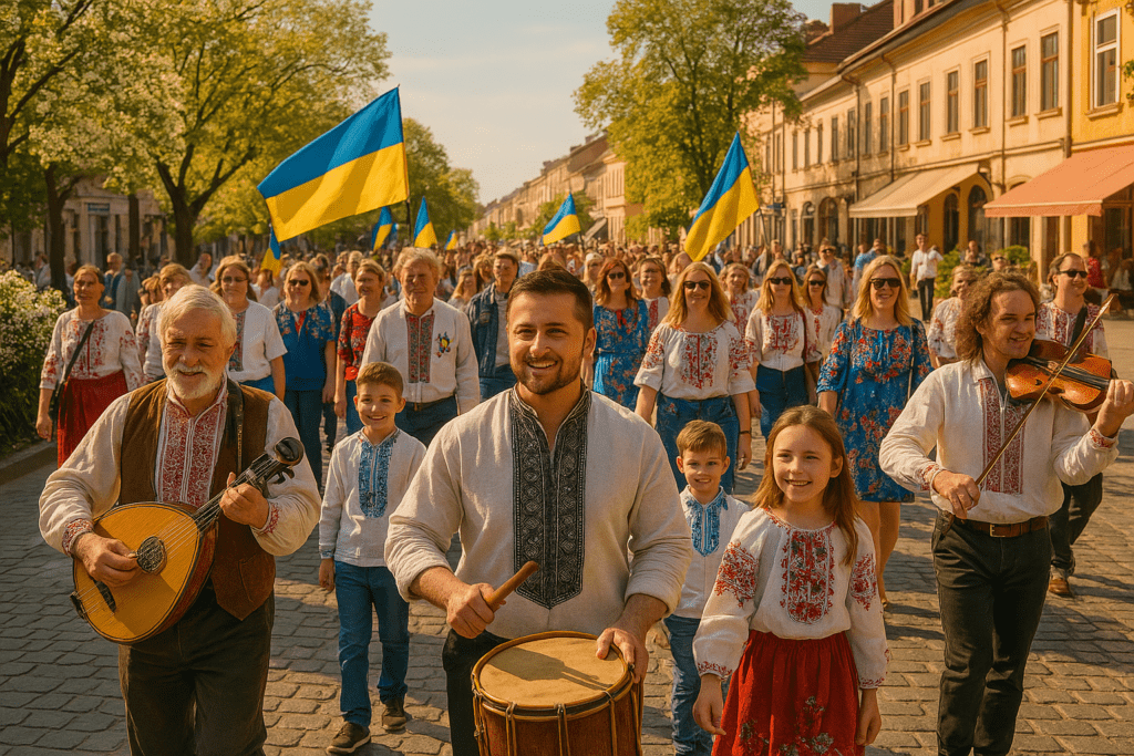Ukrainians celebrating Vyshyvanka Day in the streets with embroidery, music, and national pride.