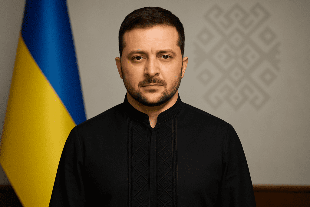 President Zelenskyy wearing a black vyshyvanka in a formal setting, projecting strength and cultural heritage.